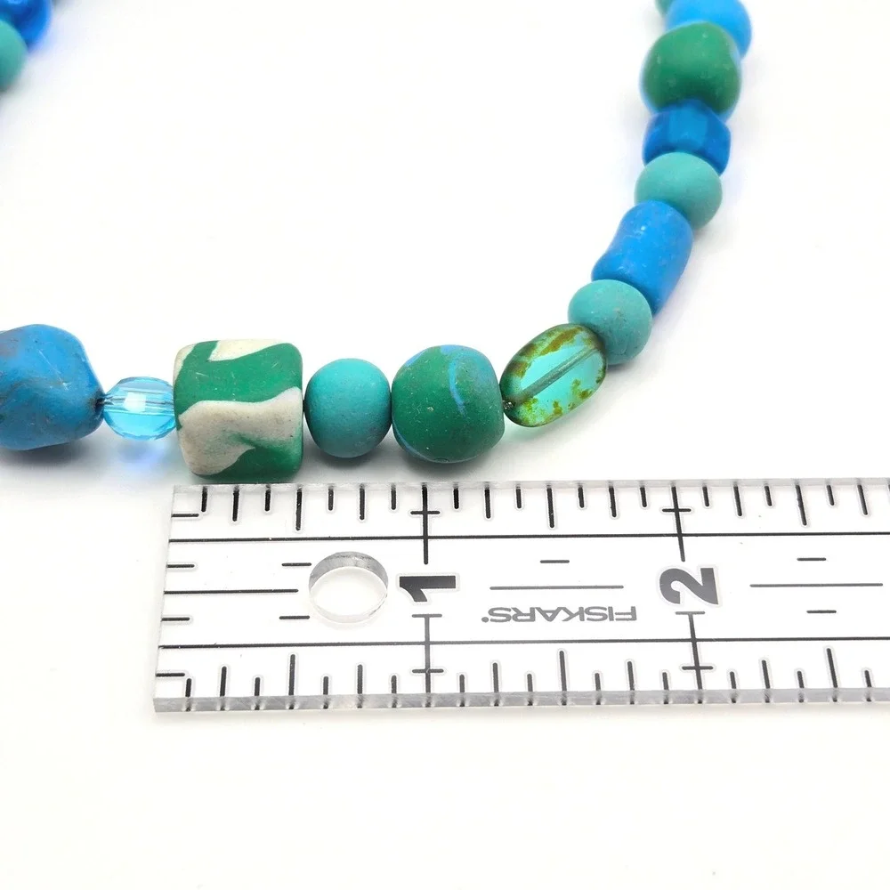 Handmade‎ Blue Green Beaded Necklace Polymer Clay Glass Mixed Media 14 Inch